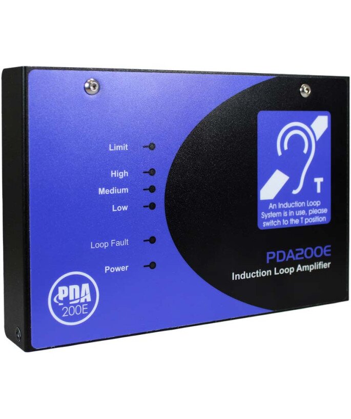 Hearing loop signage near a church pew