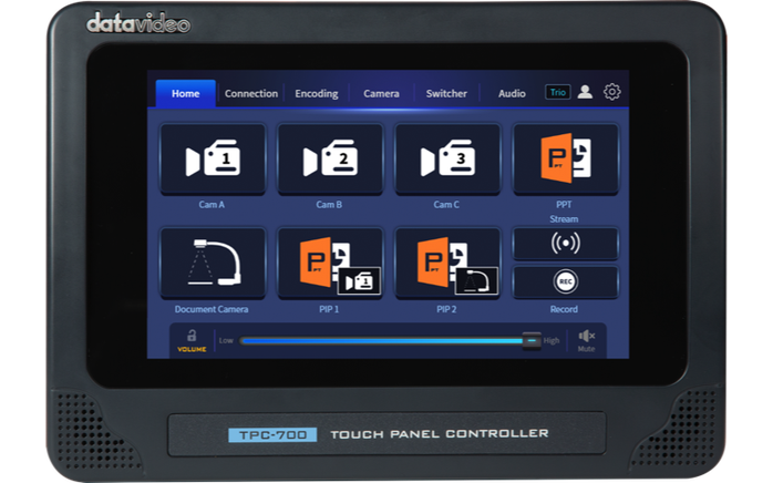 Touchscreen showing AV presets and schedules